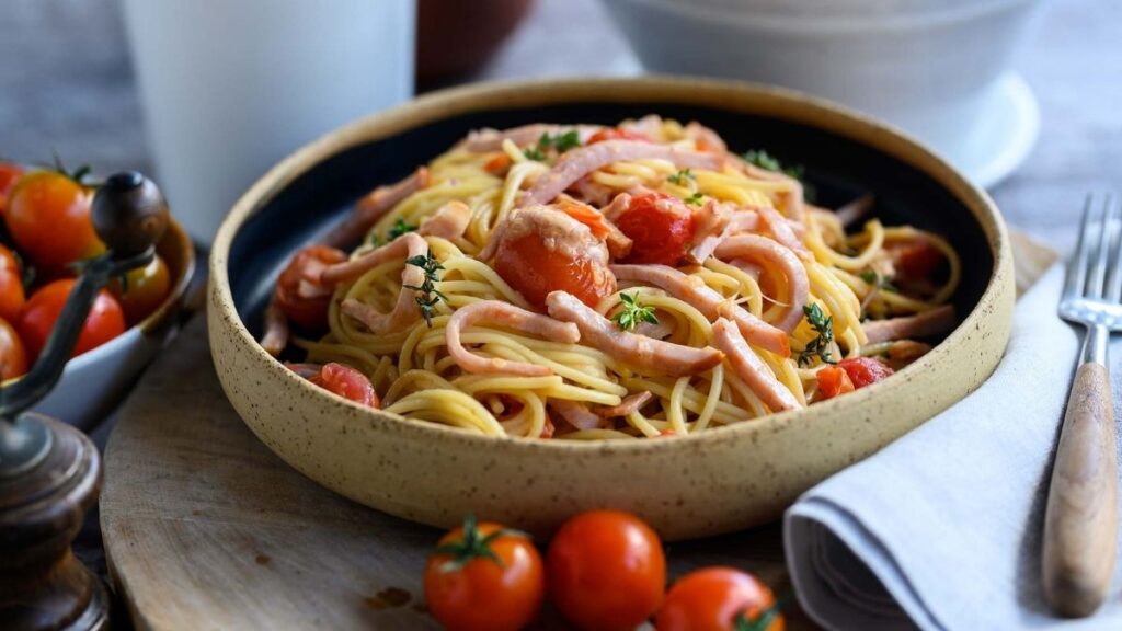 spaggeti-me-xoirinh-kapnisth-mprizola-mpeikon-kaseri-kai-tomatinia