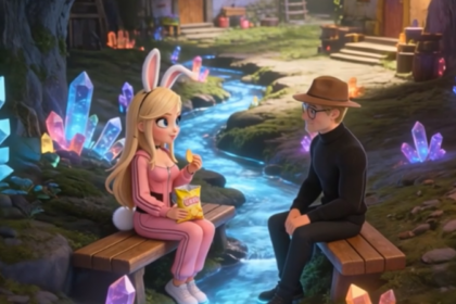 Κοντινό πλάνο των χαρακτήρων Μπουμπού και Γκόγι από τη σειρά Gounopolis, σε στιγμή επικοινωνίας και συναισθήματος.