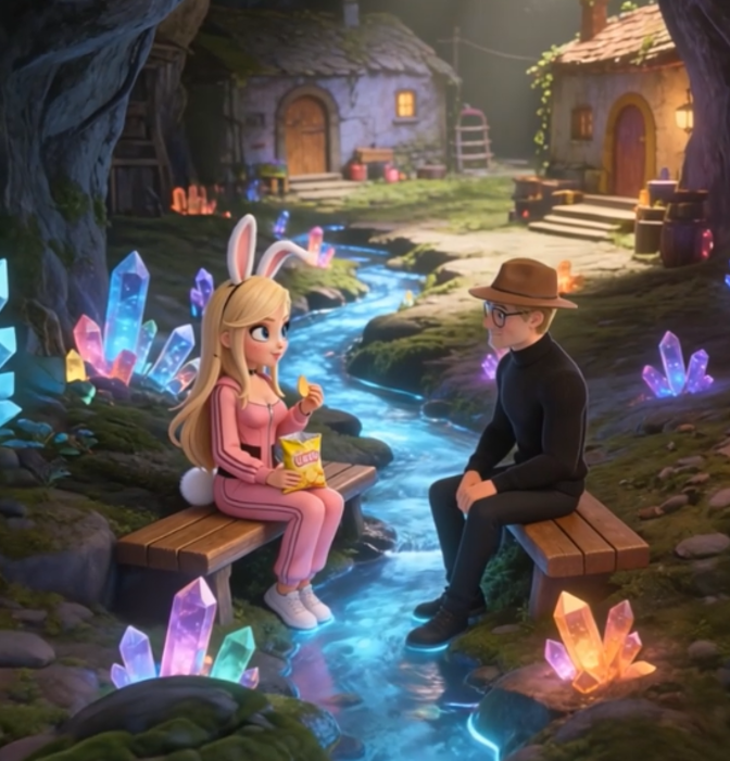 Κοντινό πλάνο των χαρακτήρων Μπουμπού και Γκόγι από τη σειρά Gounopolis, σε στιγμή επικοινωνίας και συναισθήματος.